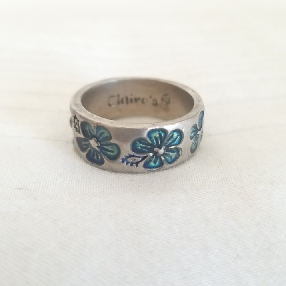 Silver Band Blue Daisy Ring